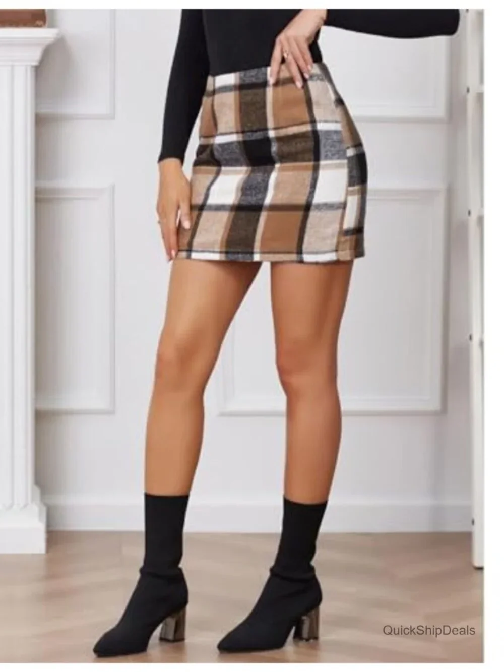 High Waist Plaid Bodycon Mini Skirt Polyester Wool Zipper Club Party